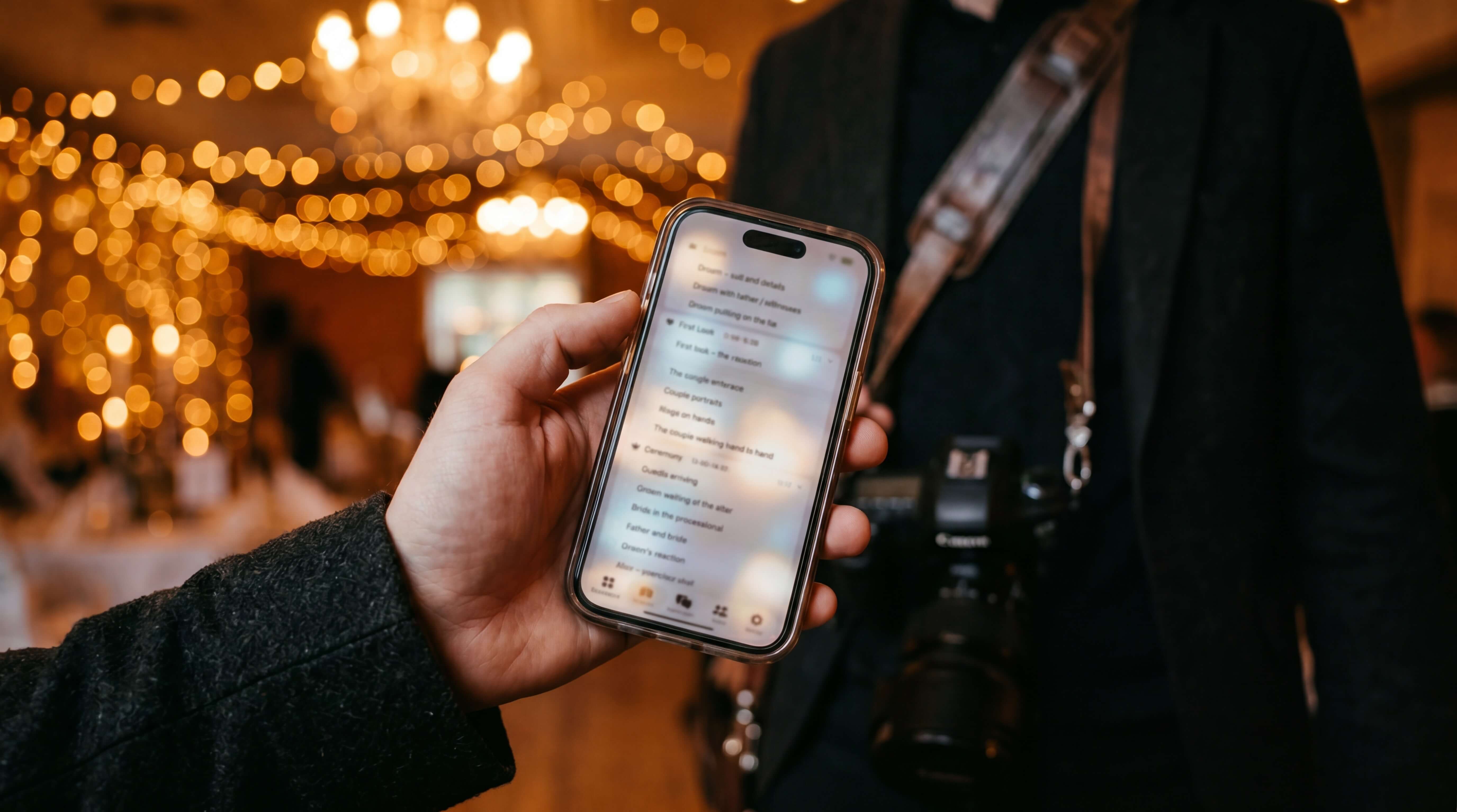 Photographer checking VowFolio on iPhone during a wedding shoot